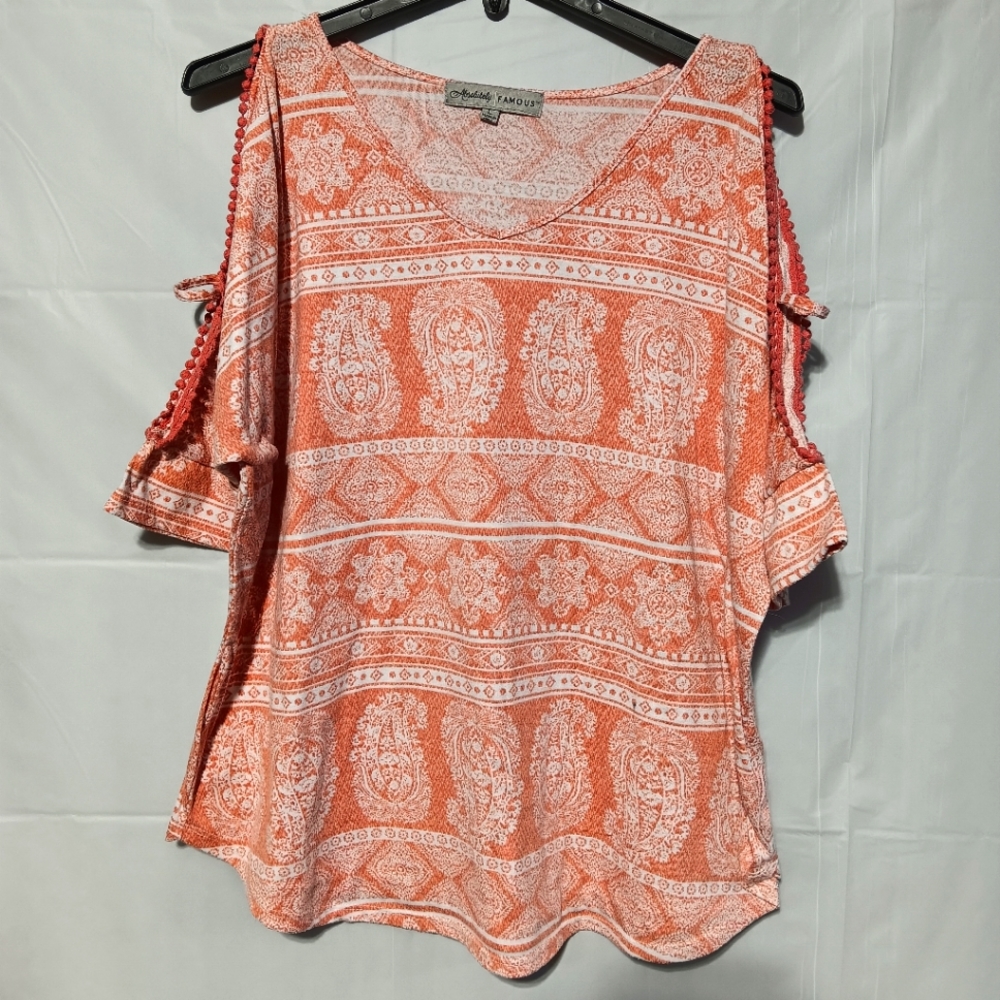 Absolutely Famous Women's Cold Shoulder Short Sleeve Top, Large, Orange & White